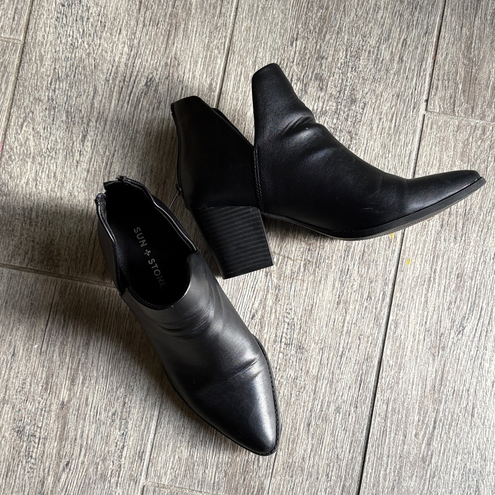 Sun + Stone Black Pointed Toe Block Heel Ankle Booties